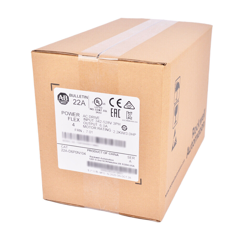 PowerFlex 4 AC Drive 22A-D6P0N104 box. Industrial automation equipment. 2.2kW/3.0HP motor rating. Product of China. MFD 2020.