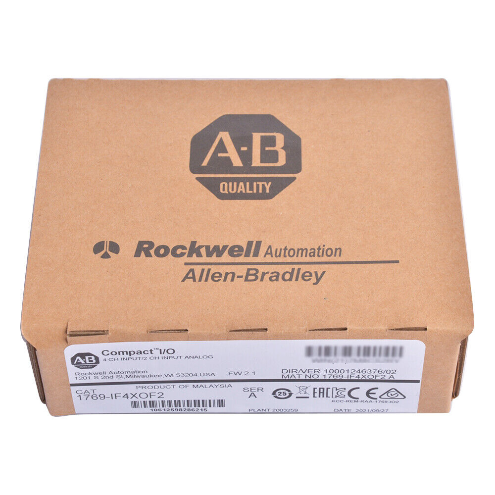 Allen-Bradley 1769-IF4XOF2 Compact I/O Module box, brown cardboard packaging with AB logo and product details.