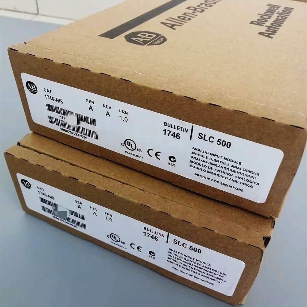 Allen-Bradley 1746-NI8 SLC 500 Analog Input Module boxes, industrial automation parts.