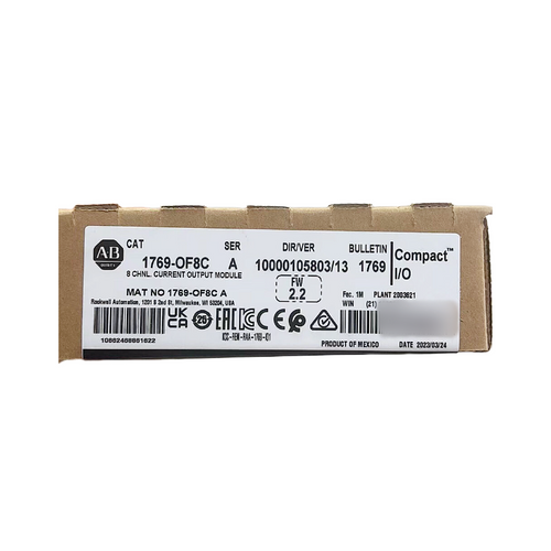 Allen-Bradley 1769-OF8C Compact I/O module, 8-channel current output. Product label with specifications.