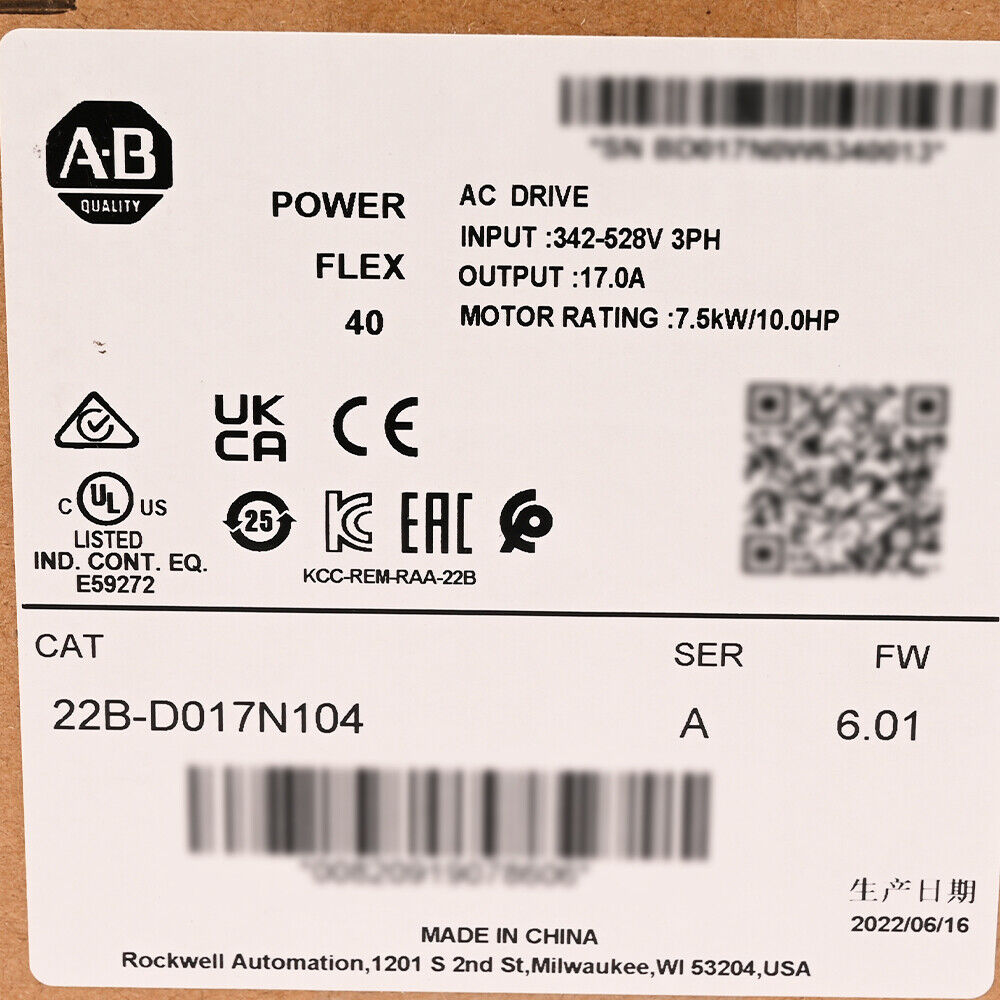 PowerFlex 40 AC drive label. Allen-Bradley 22B-D017N104 specifications. Industrial automation part.