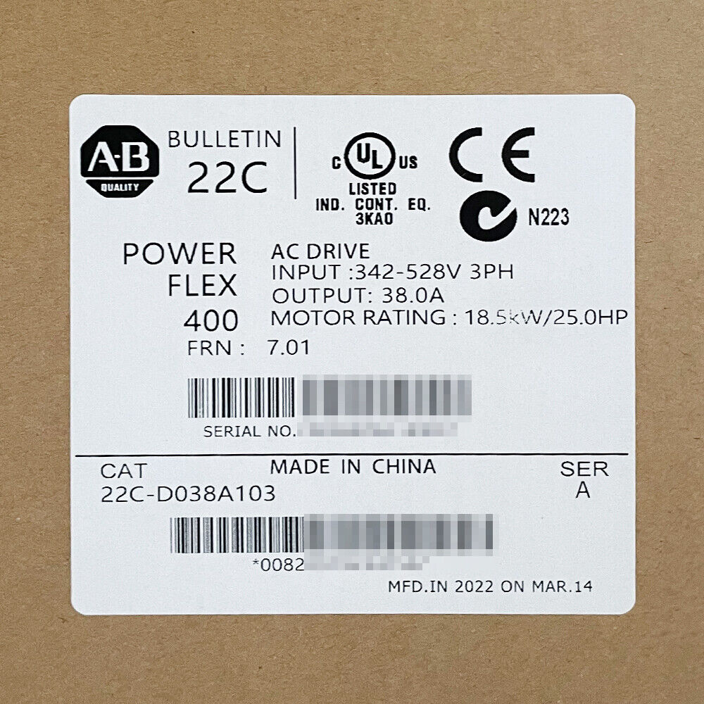 Allen-Bradley PowerFlex 400 AC Drive label, 22C-D038A103, 18.5kW/25HP, Made in China.