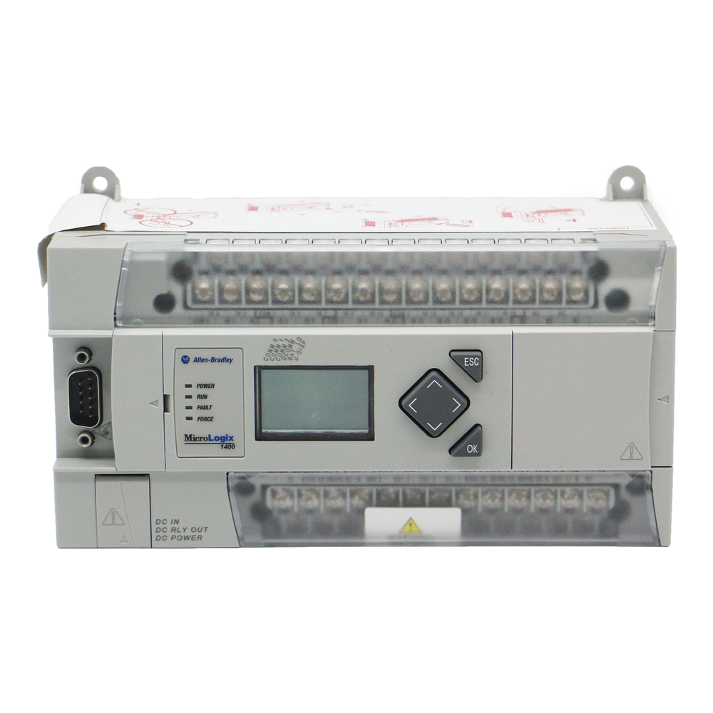 Allen-Bradley MicroLogix 1400 PLC. Gray industrial automation controller with LCD and control buttons.