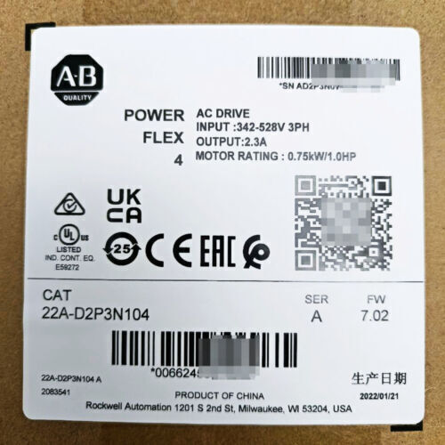 Allen-Bradley PowerFlex 4 AC Drive label, 22A-D2P3N104 model, with specifications, including motor rating and input voltage.