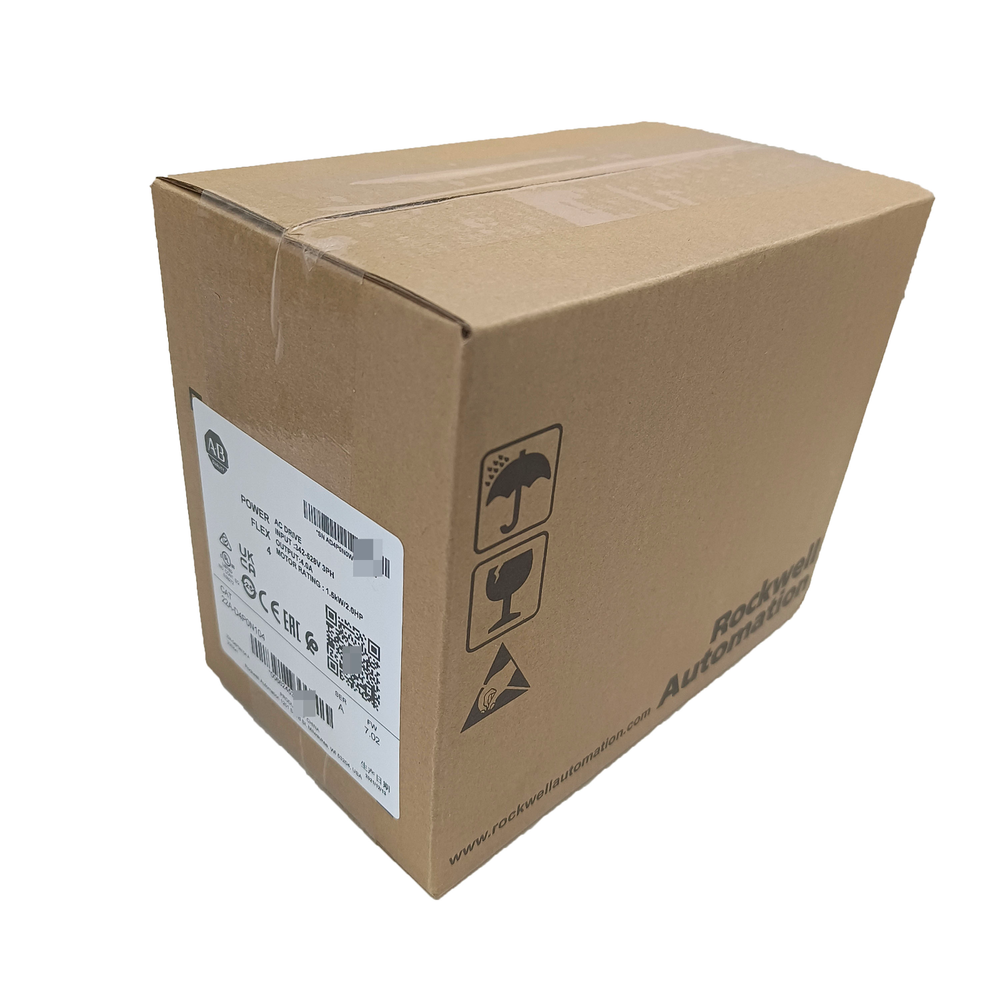Allen-Bradley PowerFlex 4 AC Drive packaging box, model 22A-D4P0N104, with product details