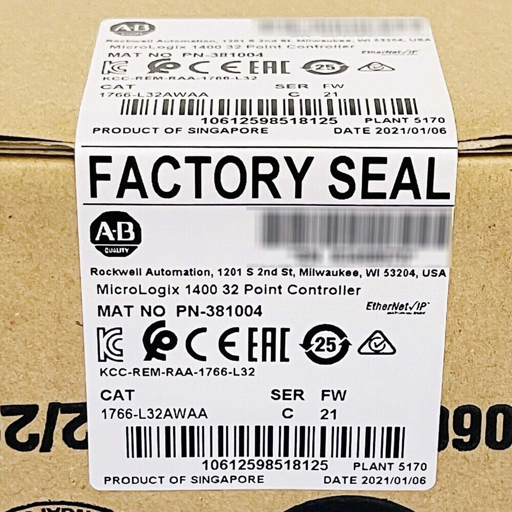 Allen-Bradley MicroLogix 1400 PLC label, 1766-L32AWAA, factory sealed, EtherNet/IP.