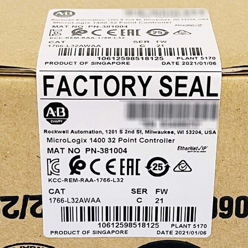 Allen-Bradley MicroLogix 1400 PLC label, 1766-L32AWAA, factory sealed, EtherNet/IP.