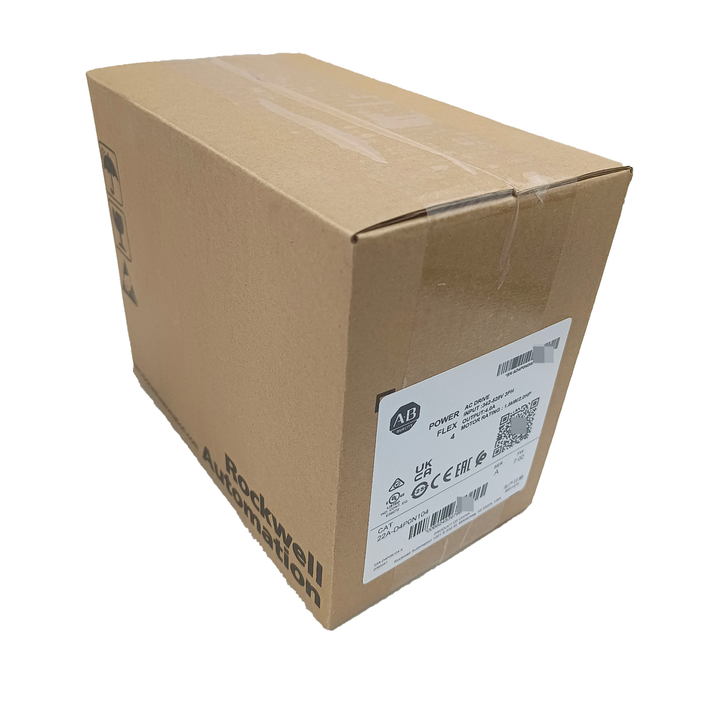 Allen-Bradley PowerFlex 4 AC Drive, 22A-D4P0N104, packaged in a brown cardboard box, Rockwell Automation product.