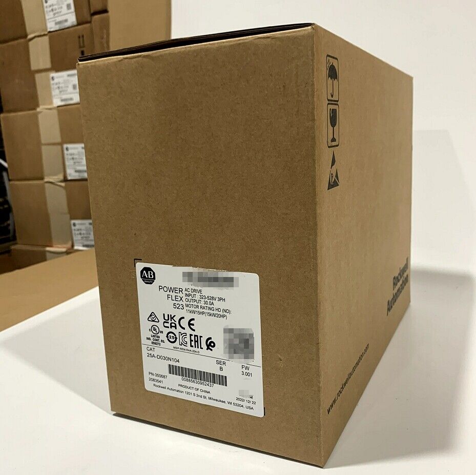 Allen-Bradley PowerFlex 523 AC Drive in box, 25A-D030N104. Industrial control equipment.