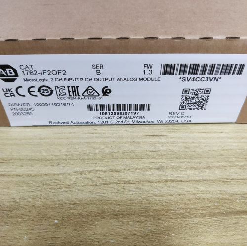 Allen-Bradley 1762-IF2OF2 MicroLogix Analog I/O Module product label, Rockwell Automation.