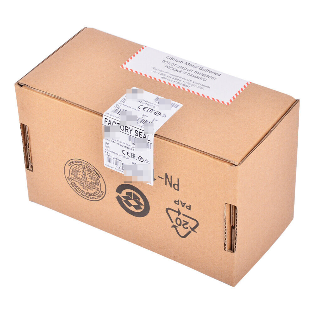 Allen-Bradley MicroLogix 1200 controller shipping box, factory sealed, lithium metal batteries warning label.