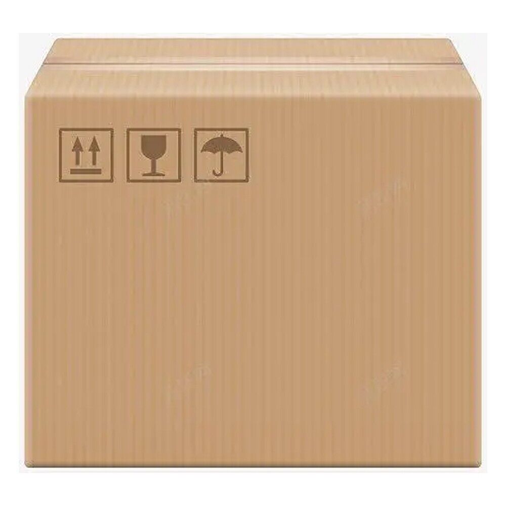 Cardboard shipping box with directional arrows, fragile glass symbol, and umbrella for handling instructions.