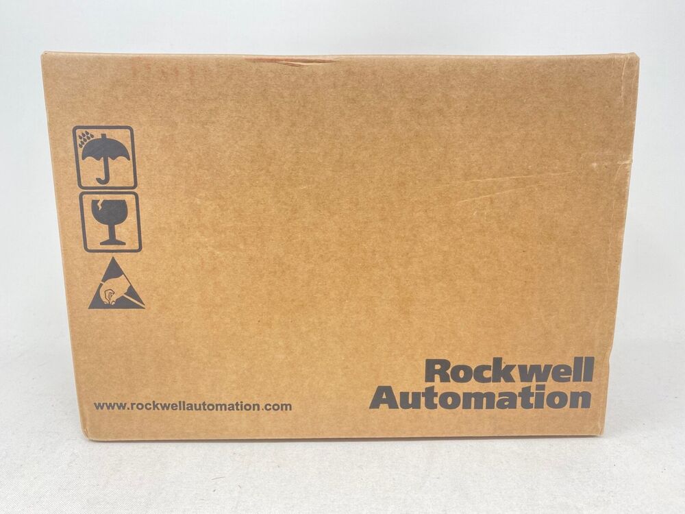 Rockwell Automation branded cardboard box, packaging for Allen-Bradley PowerFlex 40 AC drive, with fragile handling symbols.