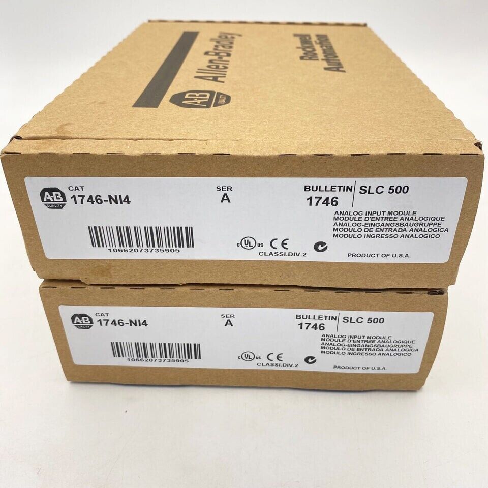 Allen-Bradley 1746-NI4 SLC 500 Analog Input Module boxes, product of U.S.A. Industrial automation PLC parts.