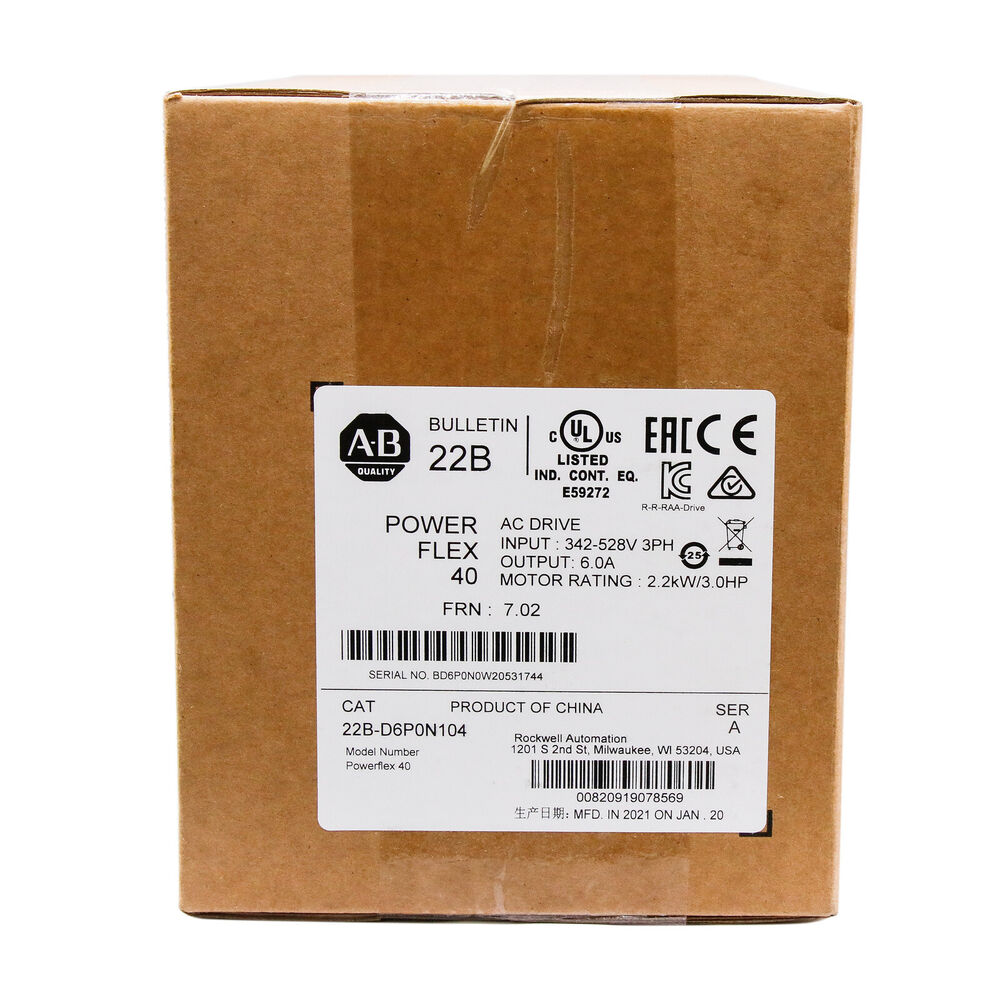Allen-Bradley PowerFlex 40 AC drive box, 22B-D6P0N104, 2.2kW/3.0HP specifications, industrial automation.
