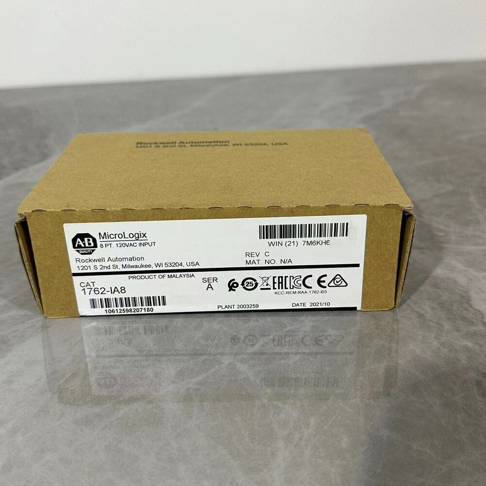 Allen-Bradley 1762-IA8 MicroLogix 8-point 120VAC input module box, product of Malaysia, industrial automation parts.