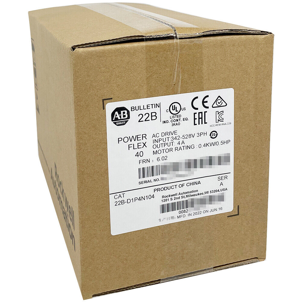 PowerFlex 40 AC Drive 22B-D1P4N104 packaging box, Rockwell Automation, product of China. Input 342-528V 3-Phase, Output 4A.