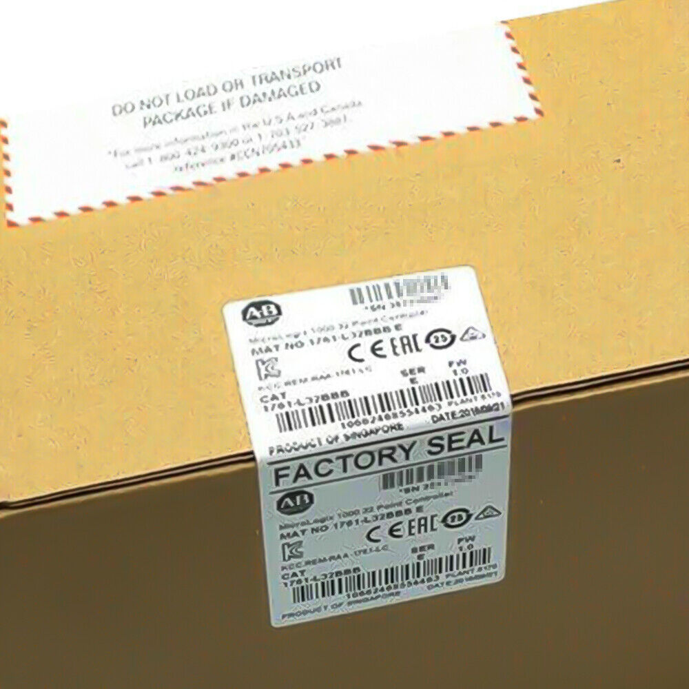 Factory sealed Allen-Bradley 1761-L32BBB /E Micrologix 1000 PLC controller package, Product of Singapore, with AB logo.