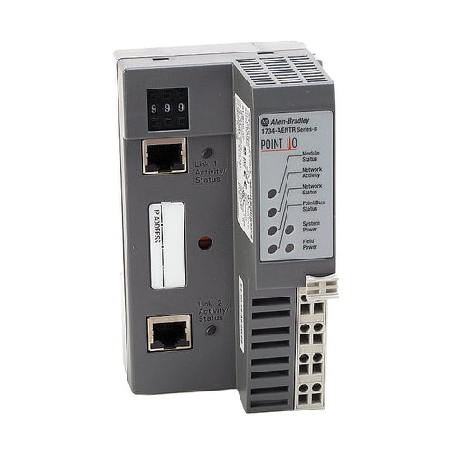 Allen-Bradley 1734-AENTR EtherNet/IP I/O adapter. Dual-port network module for industrial automation with status indicators.