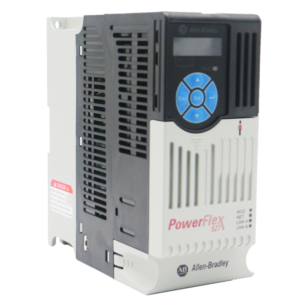 Allen-Bradley PowerFlex 527 AC Drive 480V PLC Module, white and black with control panel