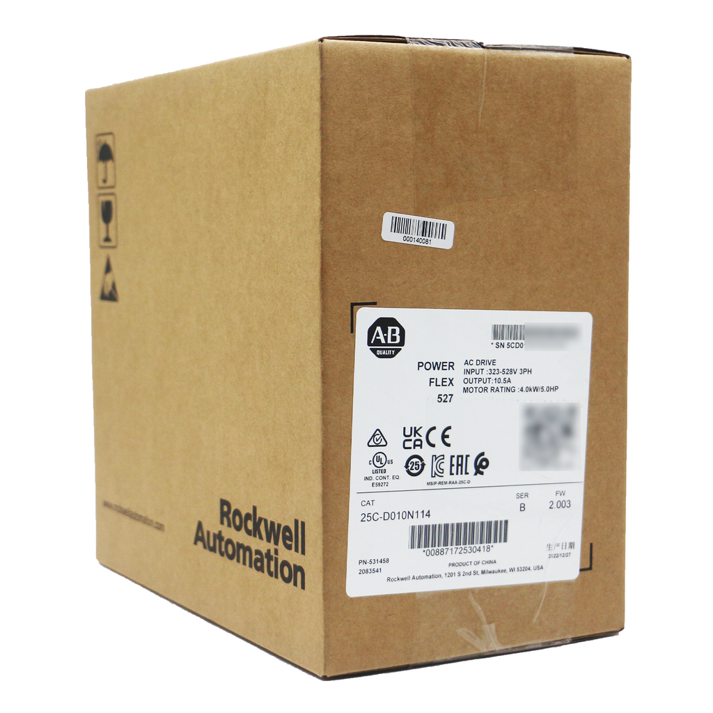 Allen-Bradley PowerFlex 527 AC Drive 25C-D010N114 in box. Industrial automation part with product details and certifications.