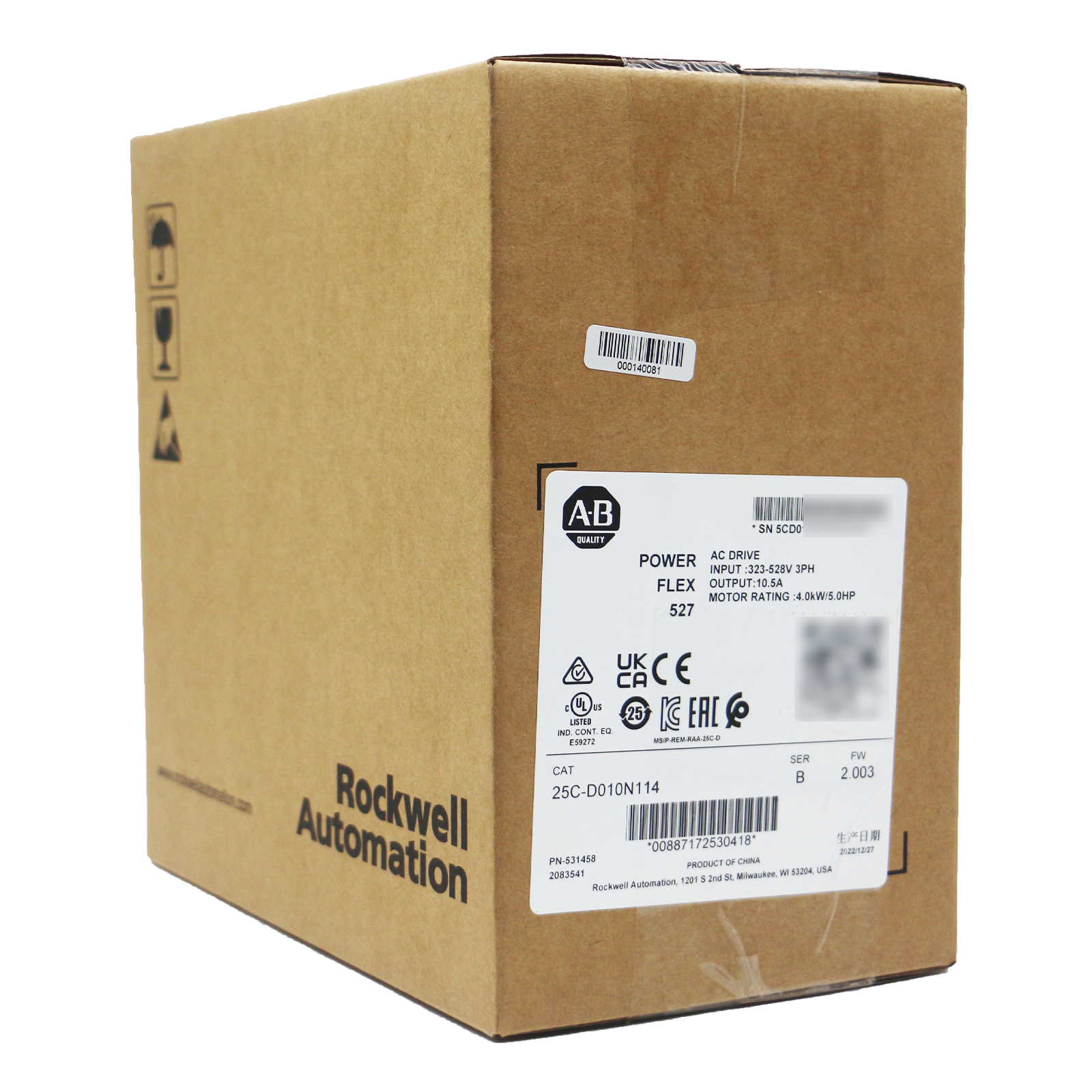 Allen-Bradley PowerFlex 527 AC Drive 25C-D010N114 in box. Industrial automation part with product details and certifications.