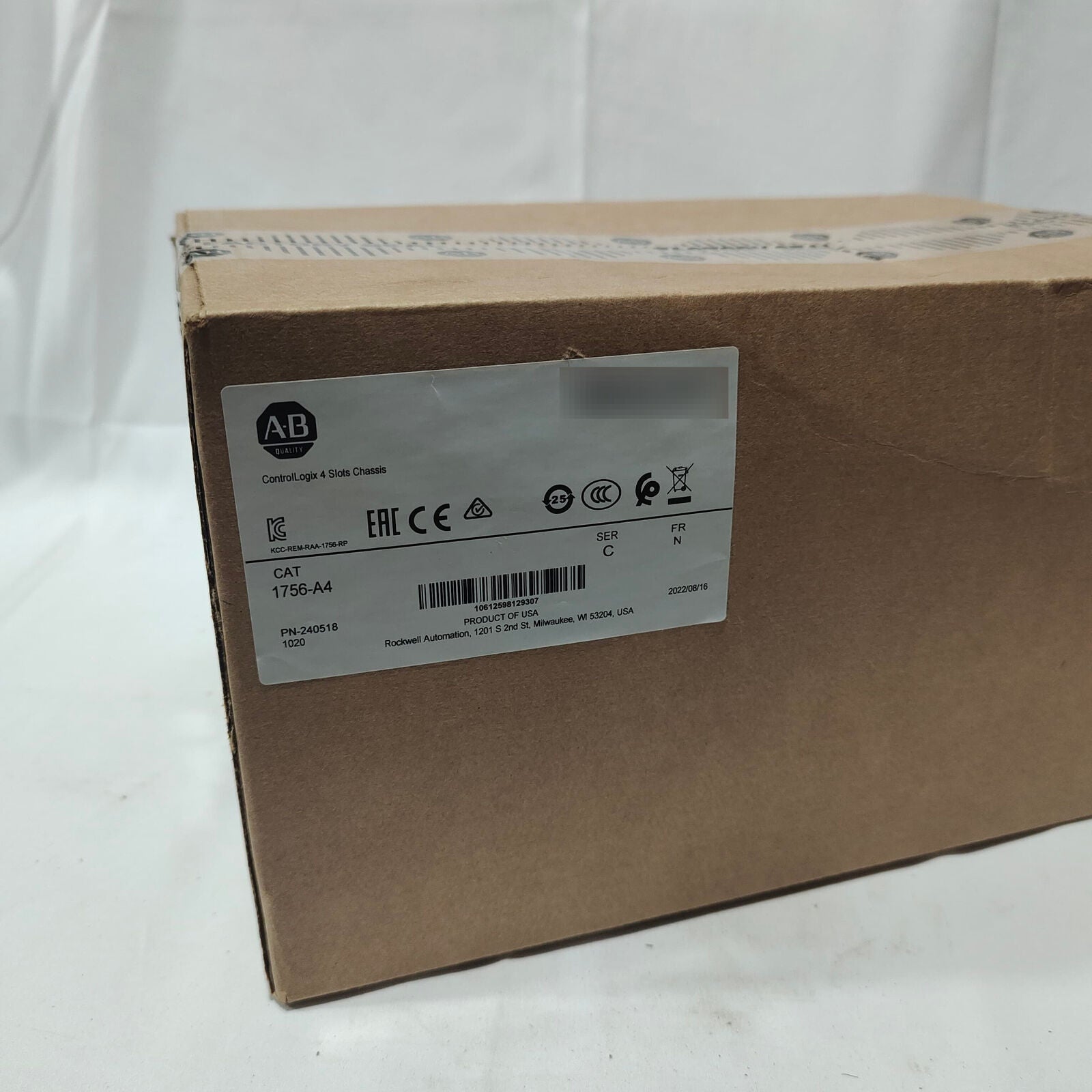 Allen-Bradley 1756-A4 ControlLogix 4 Slot Chassis in packaging, PLC US AB industrial automation part.