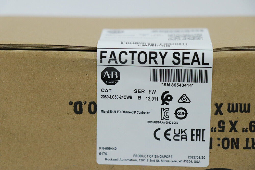 Allen-Bradley Micro850 2080-LC50-24QWB controller factory sealed box. Includes EtherNet/IP, DIN rail mounting.