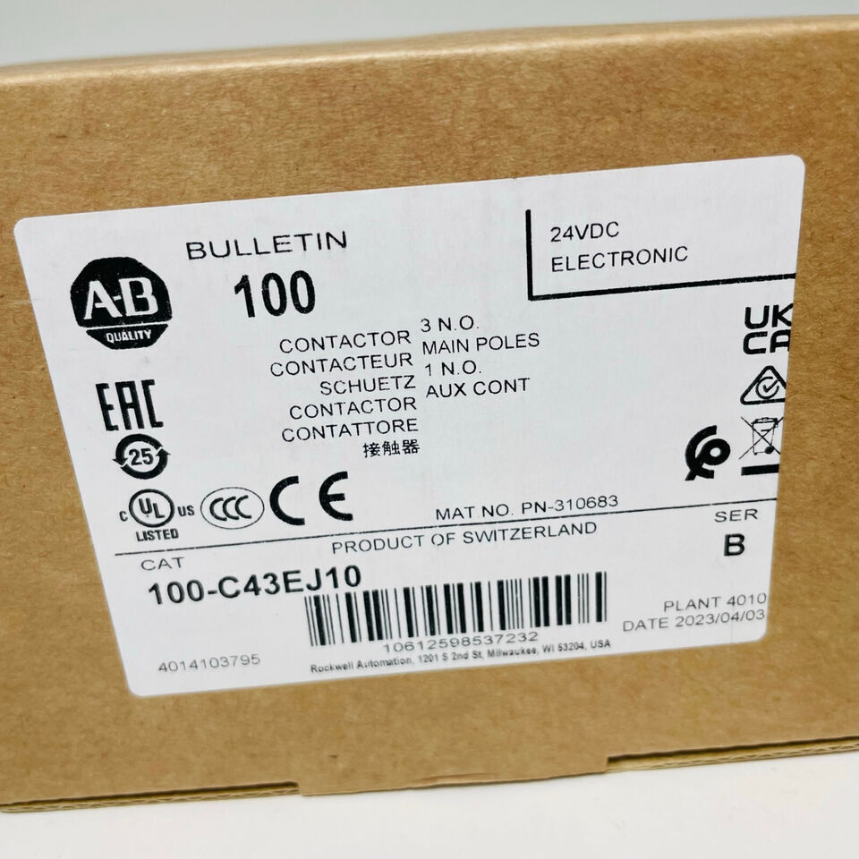 Allen-Bradley 100-C43EJ10 IEC Contactor label: 24VDC, 43A, industrial automation part, Swiss made.