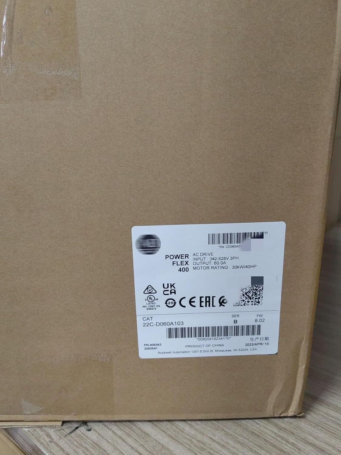 Allen-Bradley PowerFlex 400 AC Drive box label. 22C-D060A103 model, 30kW/40HP rating, product of China.