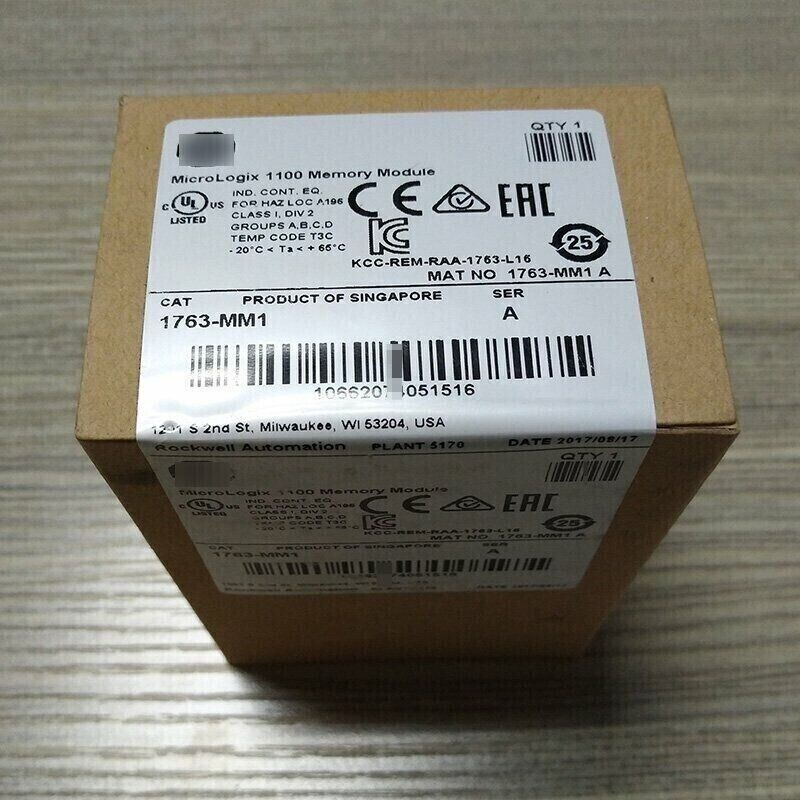 Allen-Bradley 1763-MM1 SER A MicroLogix 1100 Memory Module box with product information.