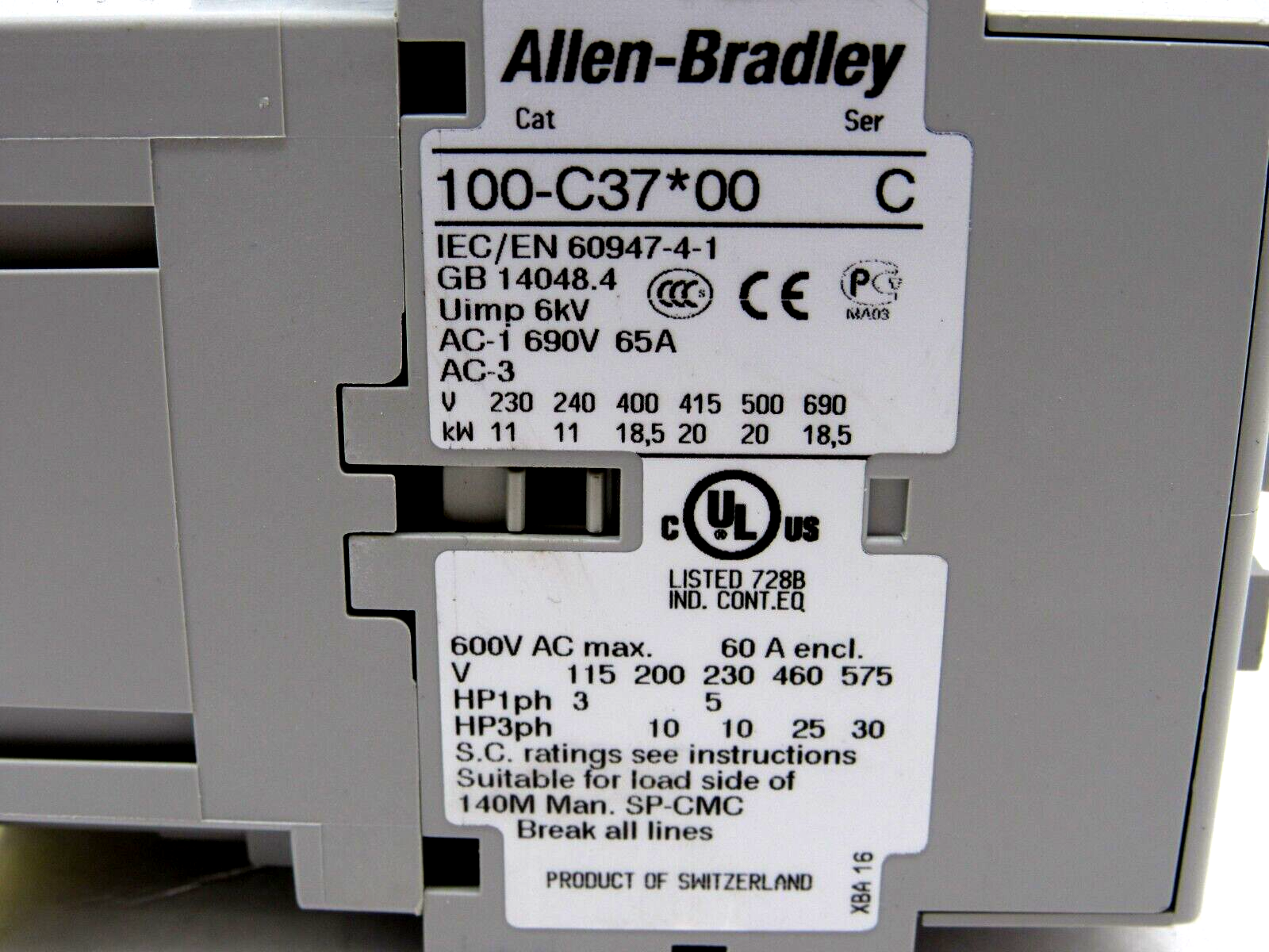 Allen-Bradley 100-C37*00 IEC Contactor, gray, with key specifications and certifications, product from Switzerland