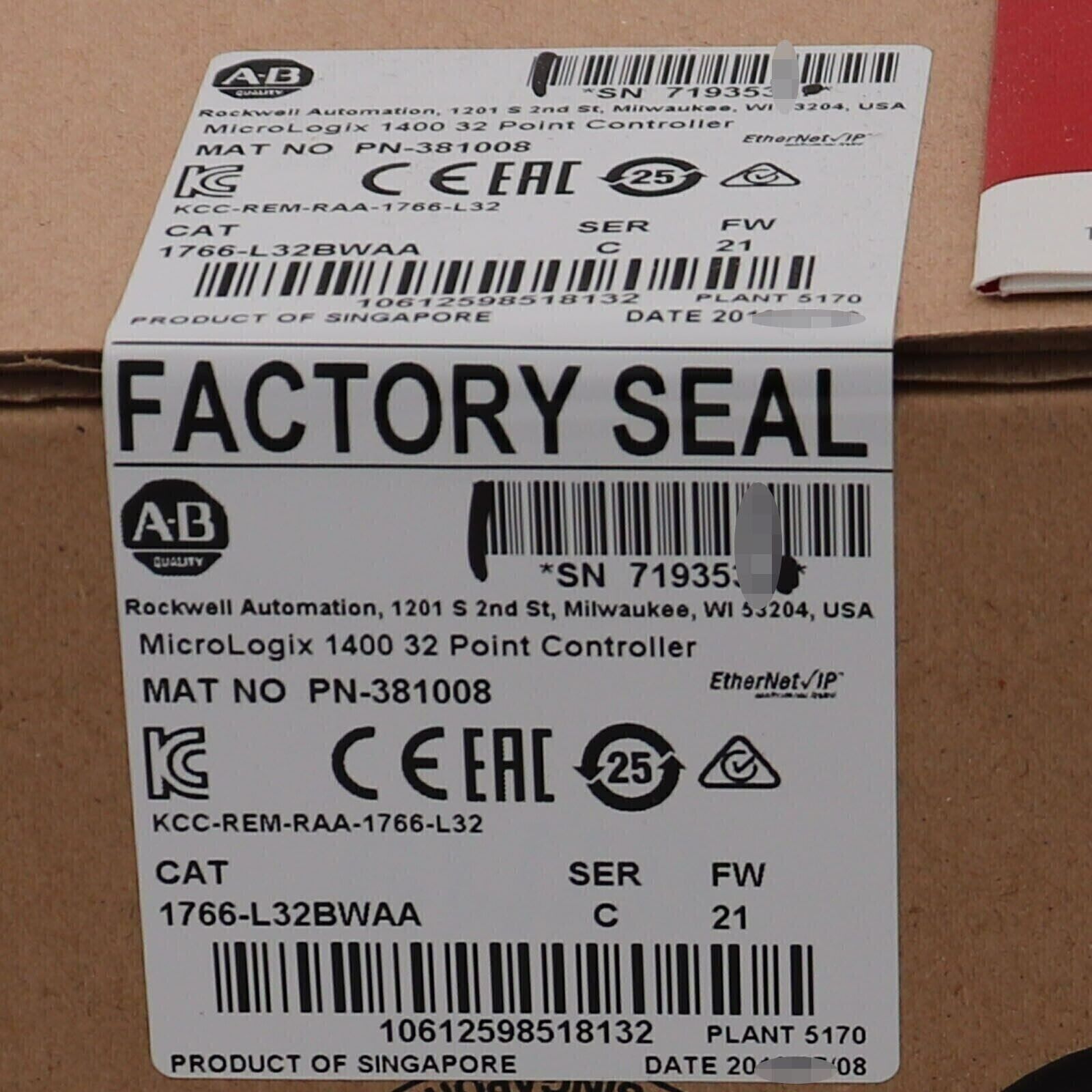 Allen-Bradley 1766-L32BWAA MicroLogix 1400 PLC label, factory sealed with model and serial numbers for industrial automation.