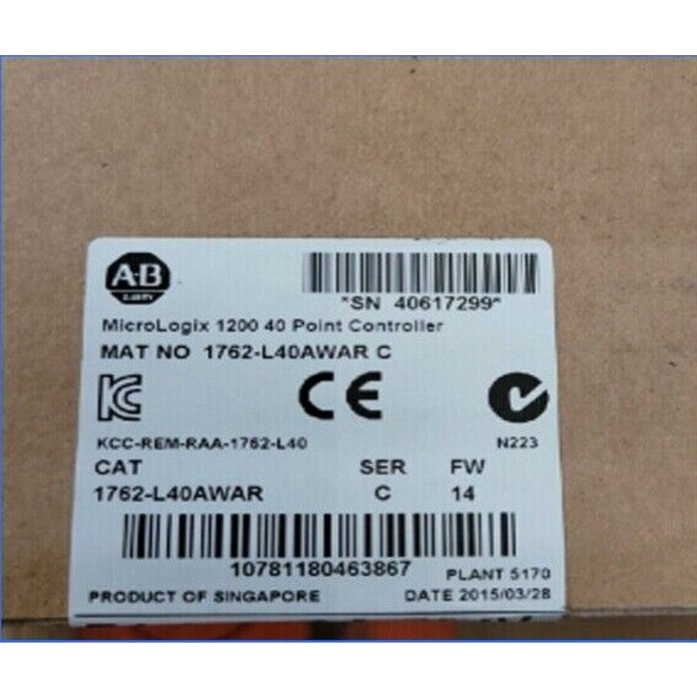 Allen-Bradley MicroLogix 1200 1762-L40AWAR controller label, 40 Point, Singapore. Industrial automation component.