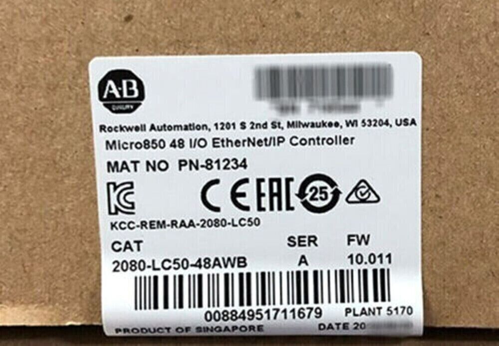 Allen-Bradley Micro850 2080-LC50-48AWB Controller product label, industrial automation part, made in Singapore.