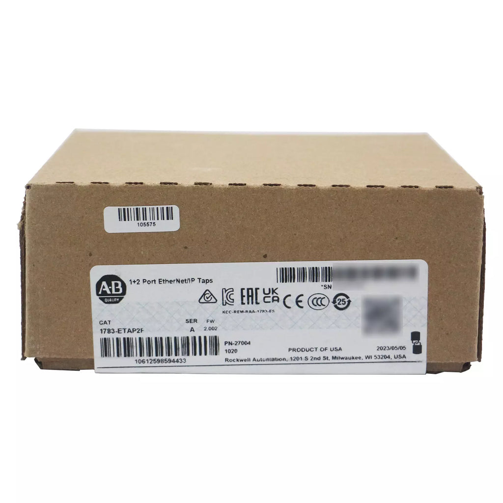 Allen-Bradley 1783-ETAP2F Ethernet Tap module box, product of USA, with markings and labels.