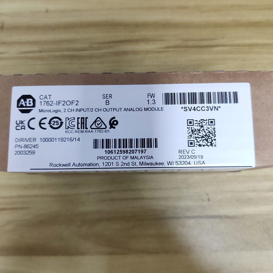 Allen-Bradley 1762-IF2OF2 MicroLogix I/O module label with specs, manufactured in Malaysia.