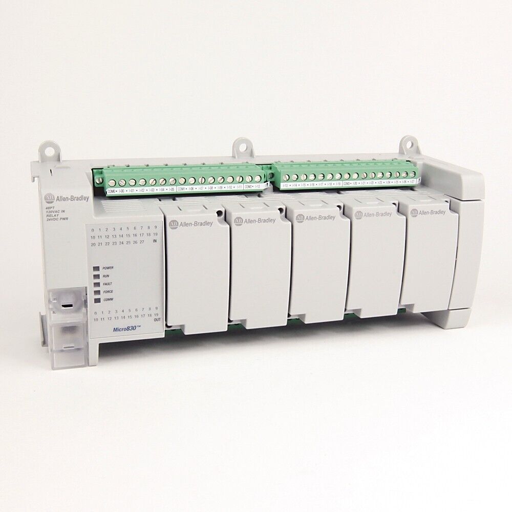Allen-Bradley Micro830 48 I/O PLC Controller. Gray housing, green terminal blocks. Includes indicators.