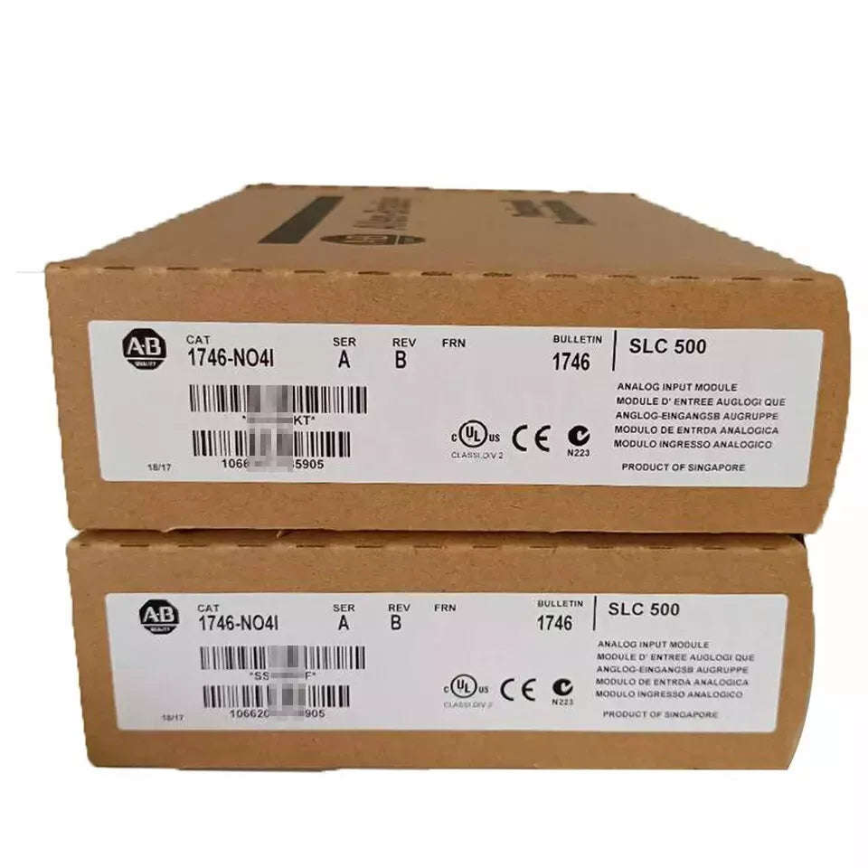 Allen-Bradley 1746-NO4I SLC 500 Analog Input Module, boxed, with product information labels.