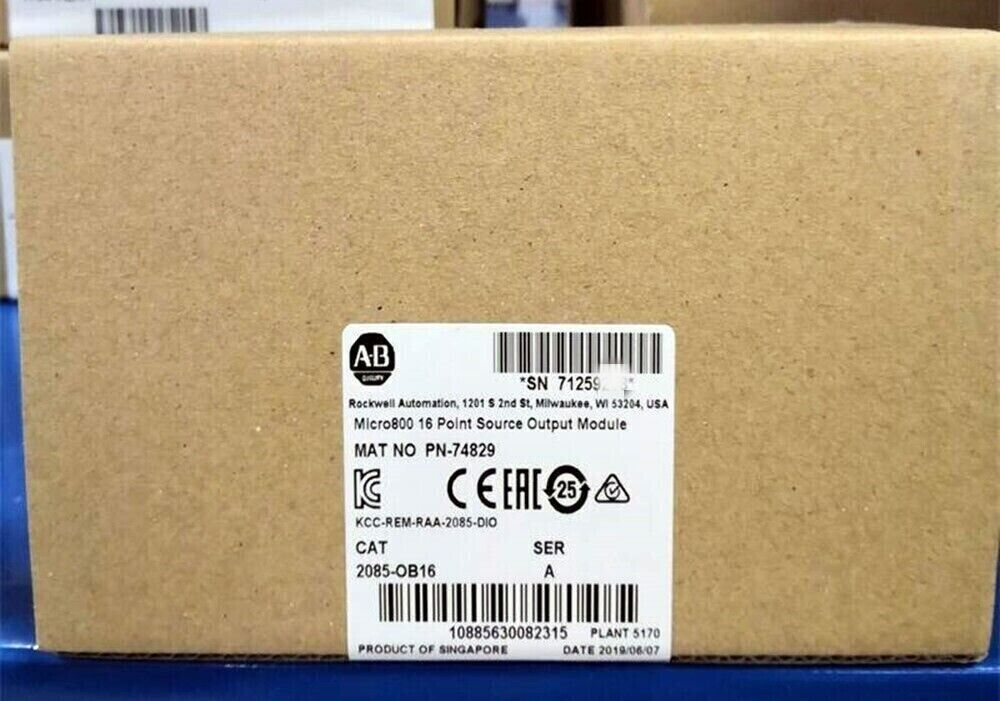 Allen-Bradley Micro800 2085-OB16 Output Module box, with product information label. Industrial automation component.