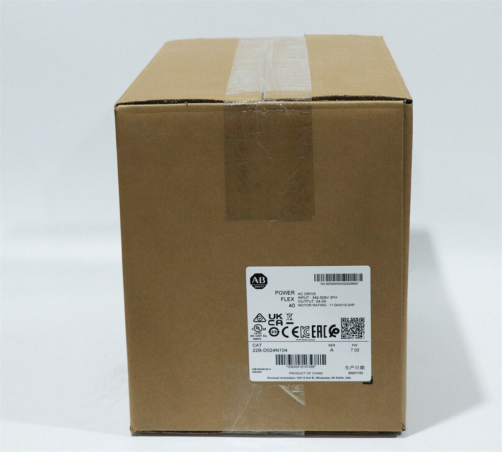 Allen-Bradley PowerFlex 40 AC drive box. 22B-D024N104 model shown. Features label with specs for industrial motor control.