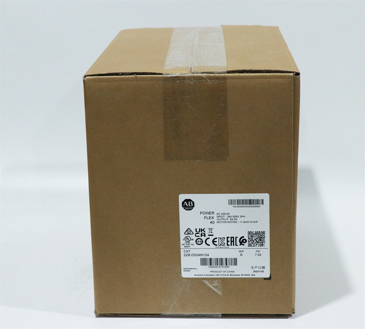 Allen-Bradley PowerFlex 40 AC drive box. 22B-D024N104 model shown. Features label with specs for industrial motor control.