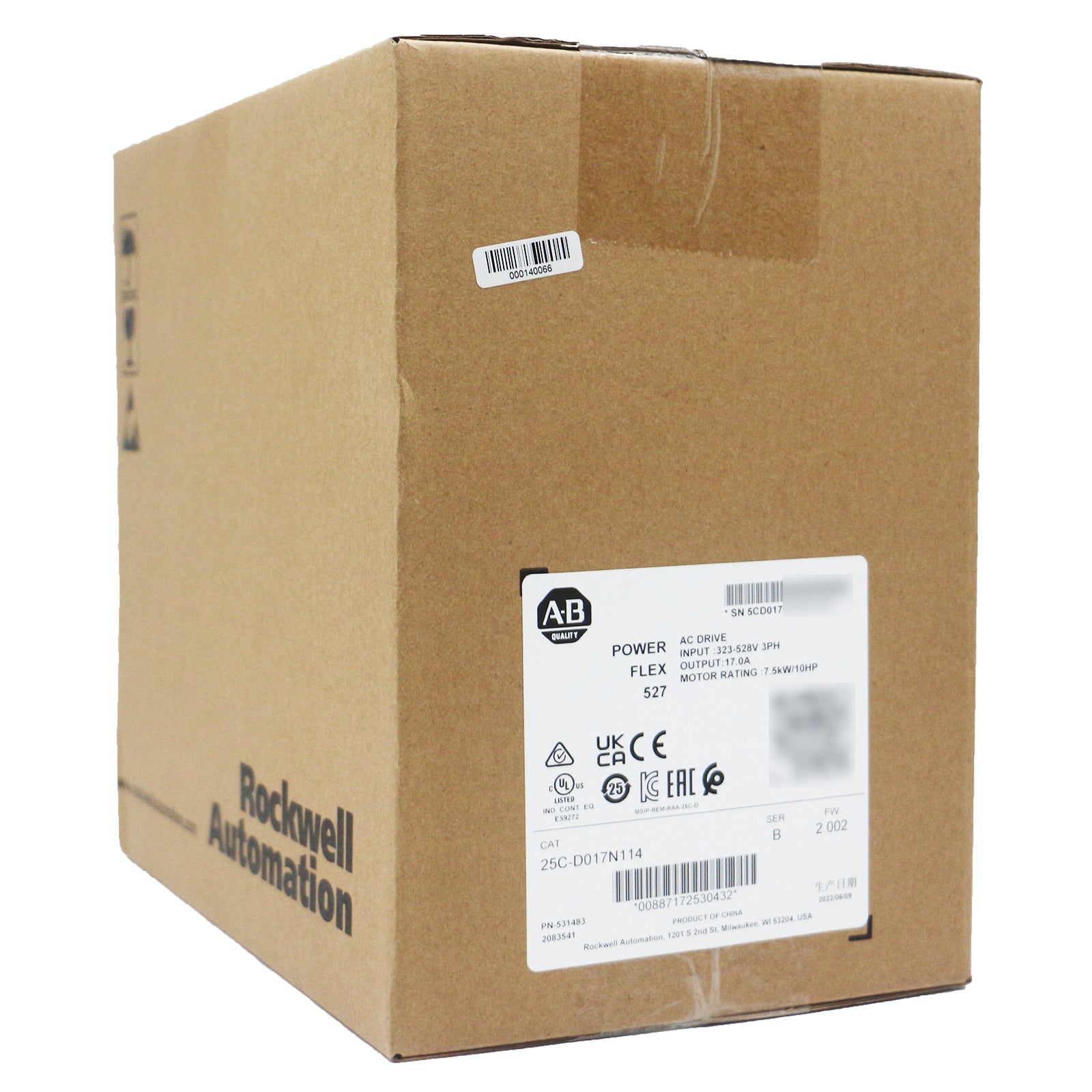 Allen-Bradley PowerFlex 527 AC Drive in a brown box, 25C-D017N114 model for industrial automation.