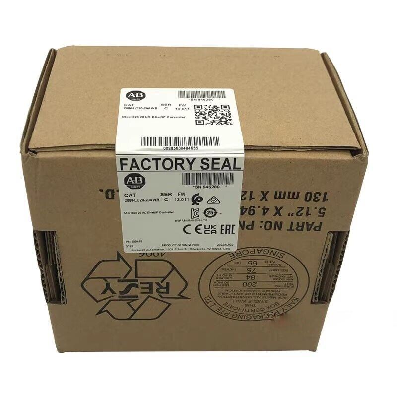 Allen-Bradley Micro820 20 I/O Controller in factory sealed box, product label showing model number, product of Singapore.