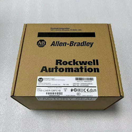 Allen-Bradley CompactLogix 1769-L24ER-QBFC1B Controller box with product details and factory seal, industrial automation.