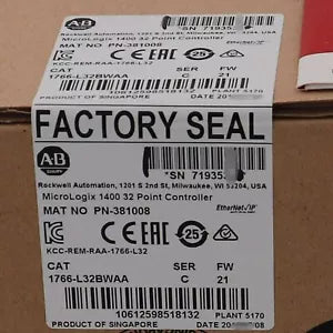 Allen-Bradley MicroLogix 1400 PLC label, factory seal, model 1766-L32BWAA, with serial and part numbers.