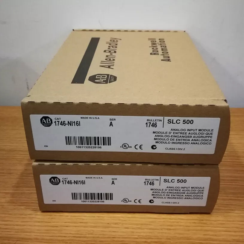 Allen-Bradley 1746-NI16I SLC 500 Analog Input Module boxes, industrial automation PLC parts, Made in USA.